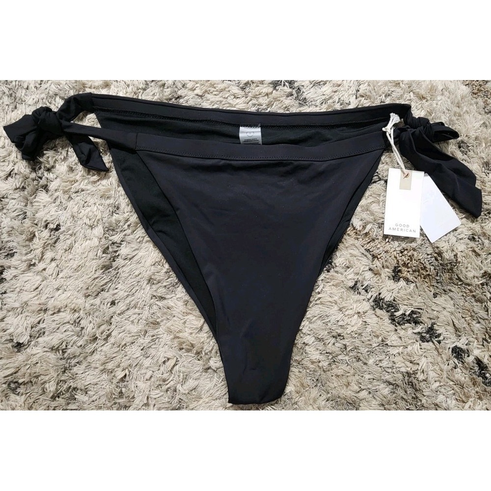 NWT Good American Side Tie Band Bikini Bottoms Size 5 Black Swim Summer Beach